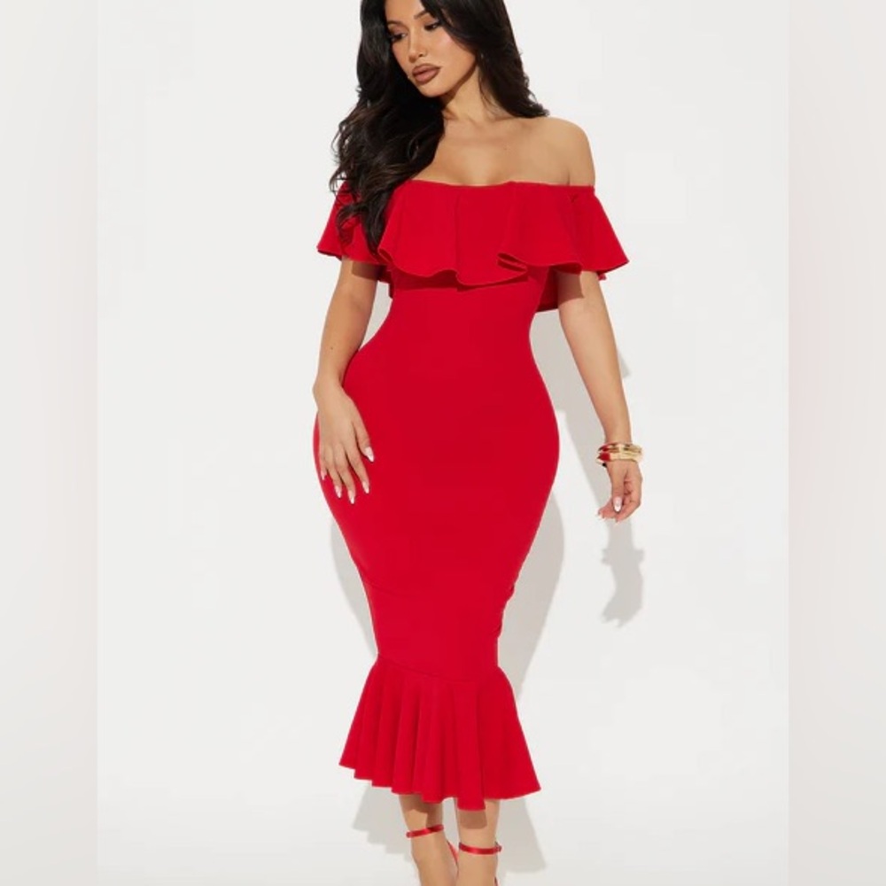 Red ruffle midi dress